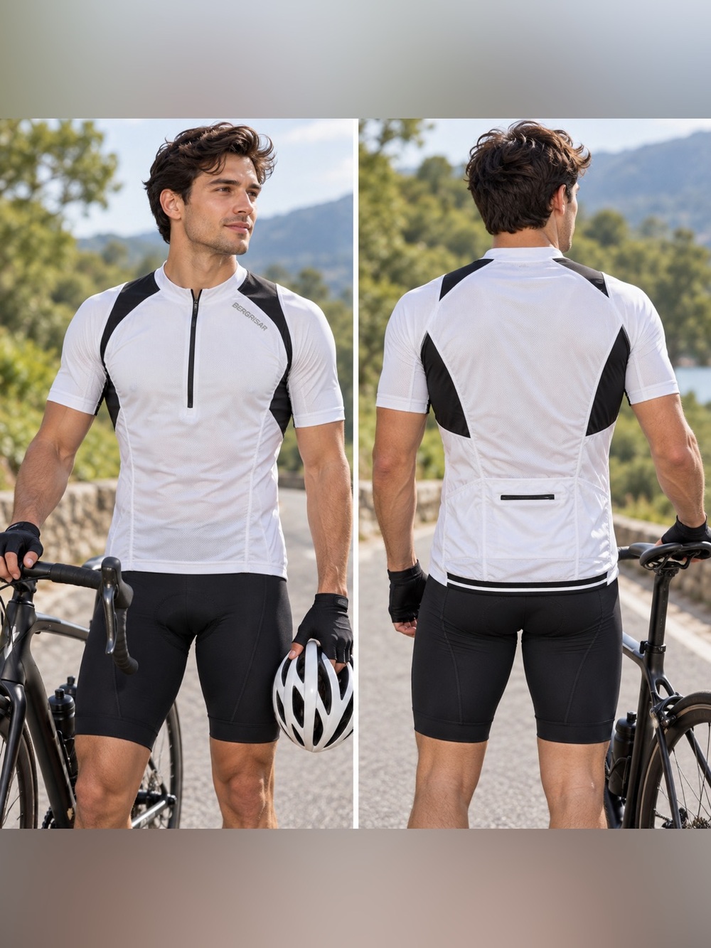 BERGRISAR Men’s White Black Cycling Jersey Short Sleeve Half Zip